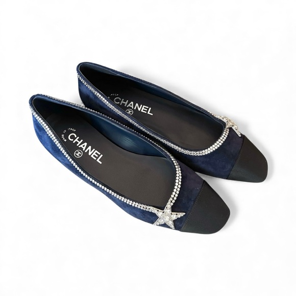 🆕CHANEL Cap Toe Flats Crystal Star & Trim Embellishment Navy & Black 37EU • NIB - Picture 2 of 11